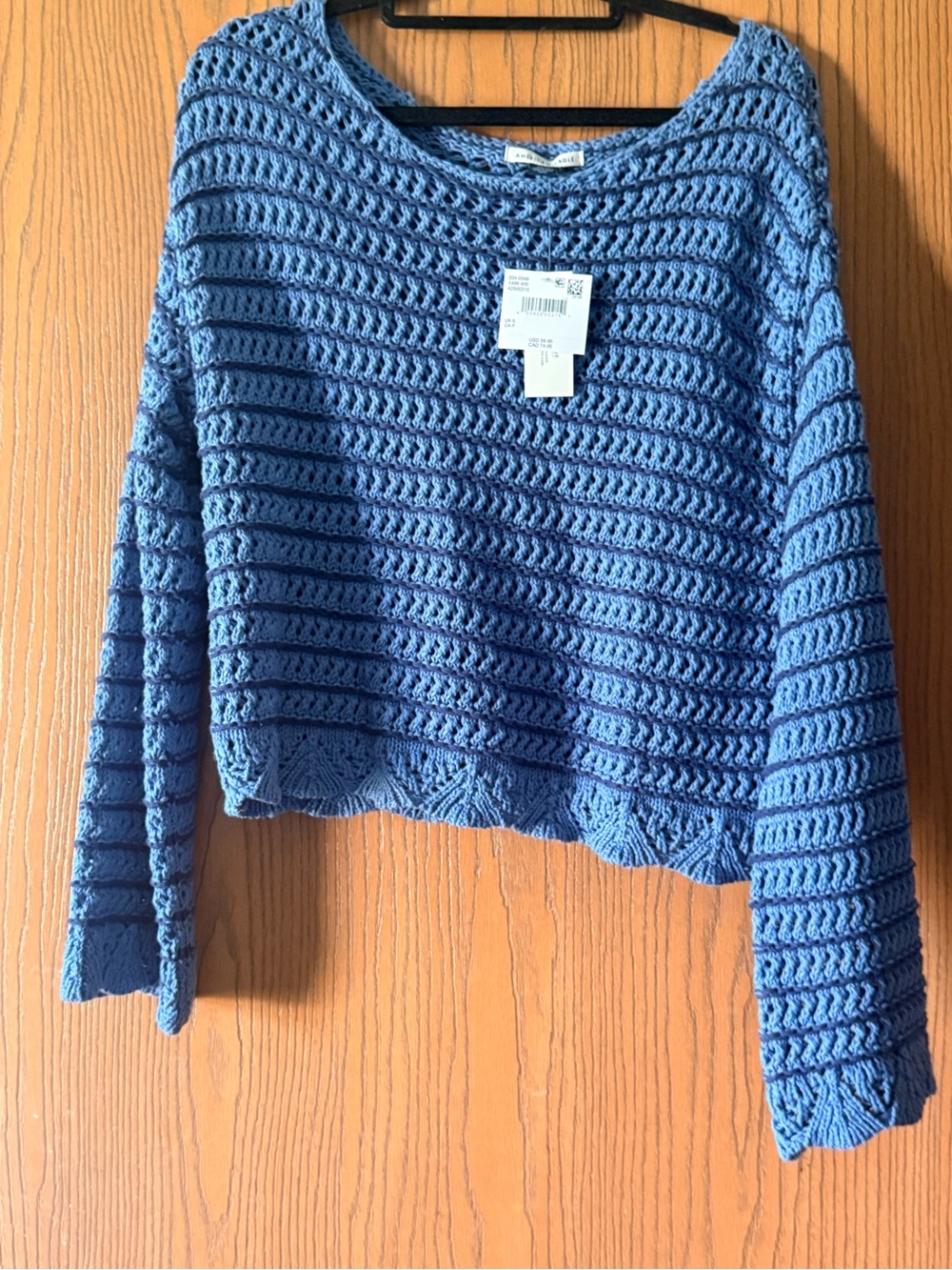 American Eagle Outfitters Blue Crocheted Scoop Neck Sweater